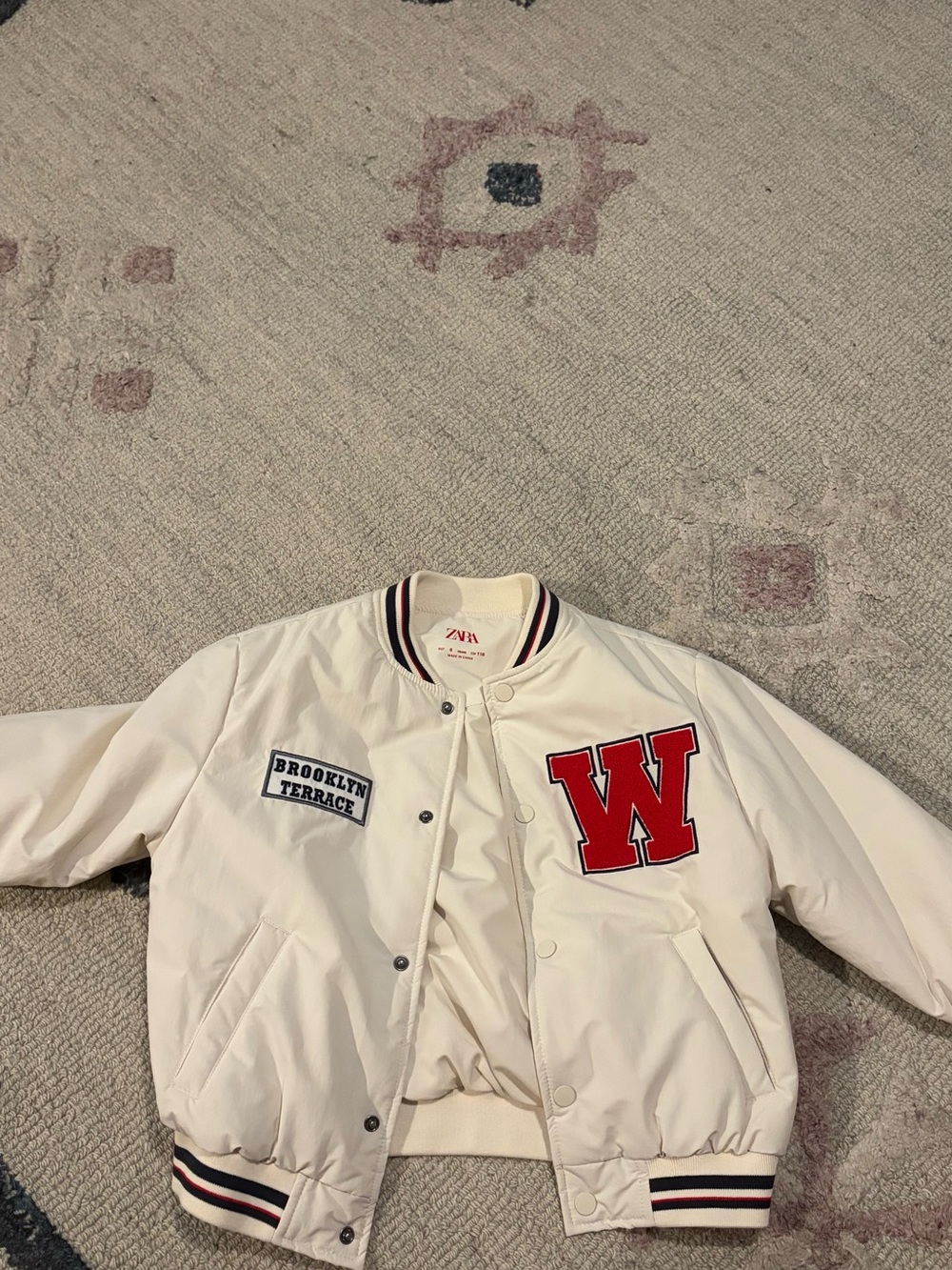 Zara Cream Varsity Jacket with Red W Patch and Navy Trim